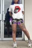 Leopard Print Casual Print Camouflage Print Patchwork O Neck Short Sleeve Two Pieces