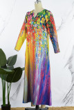 Fuchsia Vintage Elegant Print Patchwork V Neck Straight Dresses