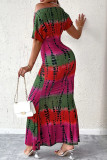 Red Sexy Print Patchwork Oblique Collar Long Dress Dresses