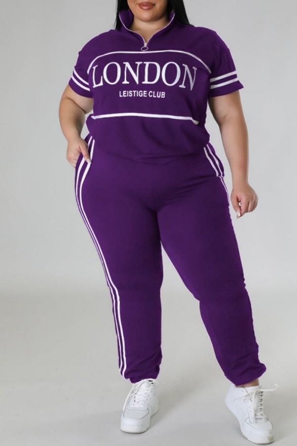 Purple Casual Sportswear Daily Letter Print Basic Zipper Collar Short Sleeve Two Pieces
