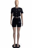 Red Casual Print Letter Mandarin Collar Short Sleeve Two Pieces
