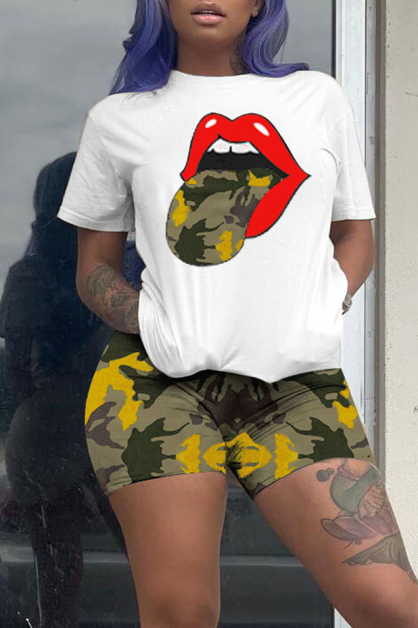 Yellow Casual Print Camouflage Print Patchwork O Neck Short Sleeve Two Pieces