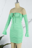 Green Sexy Solid Backless Fold Off the Shoulder Long Sleeve Dresses
