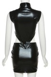 Black Sexy Solid Asymmetrical Zipper Collar Sleeveless Two Pieces