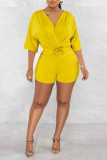 Yellow Casual Solid Patchwork V Neck Straight Rompers