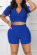 Blue Casual Solid Patchwork Zipper Collar Short Sleeve Two Pieces