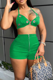 Green Sexy Solid Hollowed Out Patchwork Spaghetti Strap Sleeveless Two Pieces
