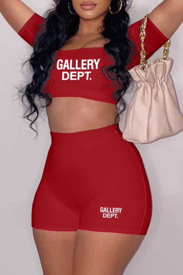 Red Casual Street Print Letter U Neck Short Sleeve Two Pieces