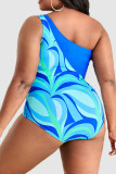 Blue Sexy Print Patchwork Oblique Collar Plus Size Swimwear