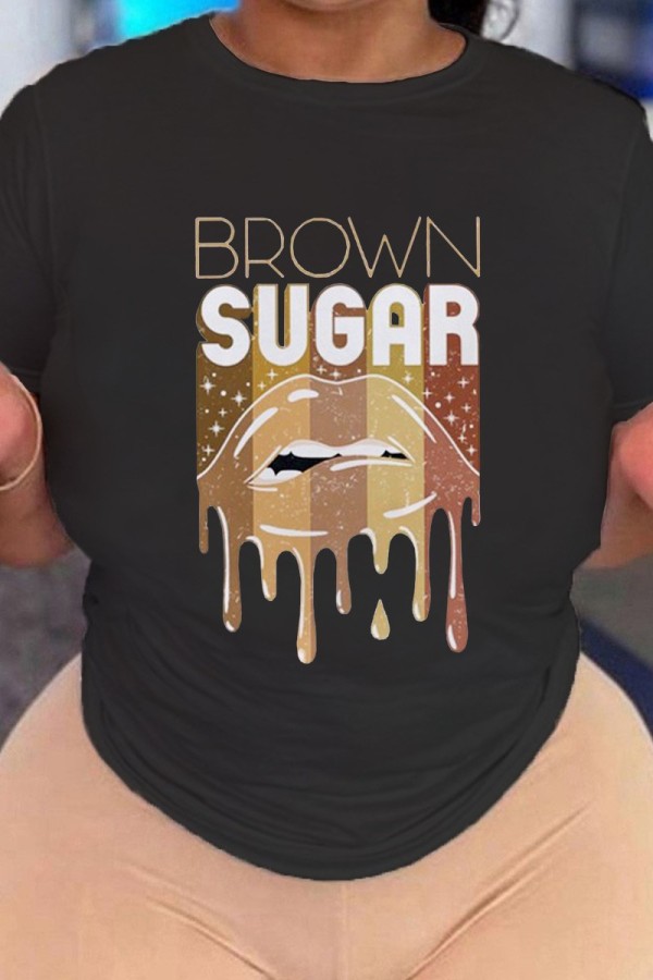 Black Casual Print Basic O Neck T-Shirts