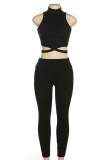 Black Casual Sportswear Solid Hollowed Out Patchwork Turtleneck Sleeveless Two Pieces