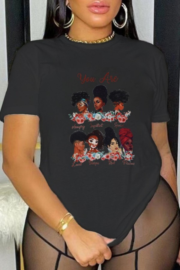 Black Casual Print Basic O Neck T-Shirts