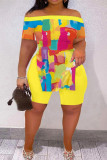 Yellow Casual Print Slit Off the Shoulder Short Sleeve Two Pieces