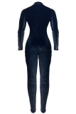 Blue Sexy Patchwork Mesh Half A Turtleneck Skinny Jumpsuits