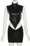 Black Sexy Solid Asymmetrical Zipper Collar Sleeveless Two Pieces