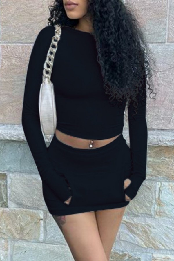 Black Casual Solid Patchwork O Neck Long Sleeve Two Pieces