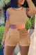Khaki Casual Solid Basic O Neck Four Piece Set (With Sleeves)