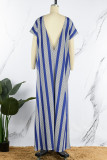 Blue Casual Striped Print Patchwork Backless O Neck Straight Dresses