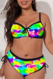 Multicolor Sexy Print Backless Spaghetti Strap Plus Size Swimwear (With Paddings)