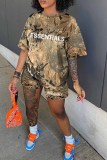 Pink Casual Camouflage Print Letter O Neck Short Sleeve Two Pieces
