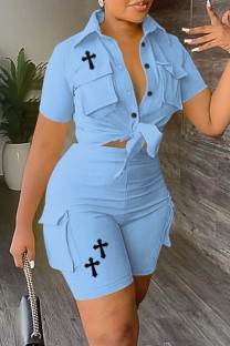 Sky Blue Casual Print Patchwork Turndown Collar Short Sleeve Two Pieces