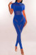 Blue Sexy Solid Patchwork See-through O Neck Skinny Jumpsuits