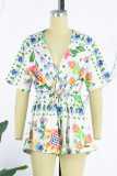 Blue Casual Print Patchwork V Neck Regular Romper