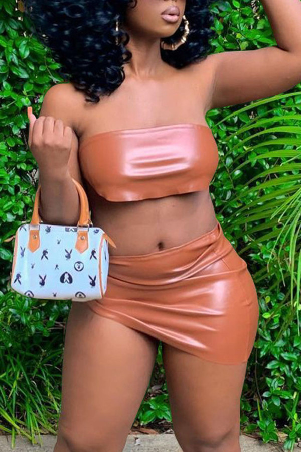Brown Sexy Solid Bandage Patchwork Asymmetrical Strapless Short Sleeve Two Pieces