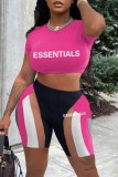 Rose Red Sexy Print Letter O Neck Short Sleeve Two Pieces