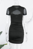 Black Sexy Solid Hollowed Out O Neck Short Sleeve Dress