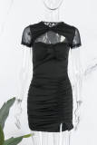 Black Sexy Solid Hollowed Out O Neck Short Sleeve Dress
