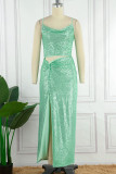 Green Sexy Patchwork Sequins Spaghetti Strap Sleeveless Two Pieces