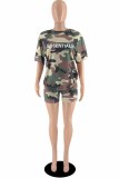 Pink Casual Camouflage Print Letter O Neck Short Sleeve Two Pieces