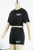 Black Casual Street Print Patchwork O Neck Short Sleeve Two Pieces
