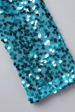 Blue Sexy Patchwork Sequins See-through O Neck Long Sleeve Dresses