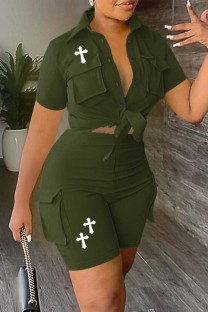 Army Green Casual Print Patchwork Turndown Collar Short Sleeve Two Pieces