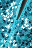 Blue Sexy Patchwork Sequins See-through O Neck Long Sleeve Dresses