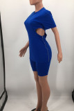 Blue Sexy Solid Hollowed Out Patchwork Zipper O Neck Short Sleeve Two Pieces