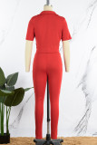 Red Casual Solid Patchwork Buttons Turn-back Collar Short Sleeve Two Pieces