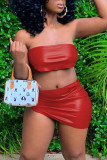 Red Sexy Solid Bandage Patchwork Asymmetrical Strapless Short Sleeve Two Pieces