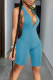 Sky Blue Sexy Solid Patchwork Halter Skinny Rompers