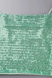 Green Sexy Patchwork Sequins Spaghetti Strap Sleeveless Two Pieces