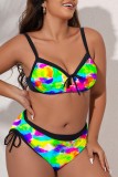 Multicolor Sexy Print Backless Spaghetti Strap Plus Size Swimwear (With Paddings)