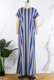 Blue Casual Striped Print Patchwork Backless O Neck Straight Dresses