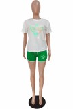 Green Casual Sportswear Print Patchwork O Neck Short Sleeve Two Pieces