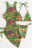 Green Sexy Print Bandage Backless Swimsuit Three Piece Set (With Paddings)