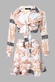 White Casual Print Bandage Turndown Collar Long Sleeve Two Pieces