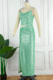 Green Sexy Patchwork Sequins Spaghetti Strap Sleeveless Two Pieces