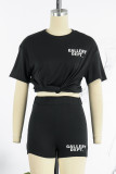 Black Casual Street Print Patchwork O Neck Short Sleeve Two Pieces