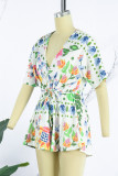 Blue Casual Print Patchwork V Neck Regular Romper